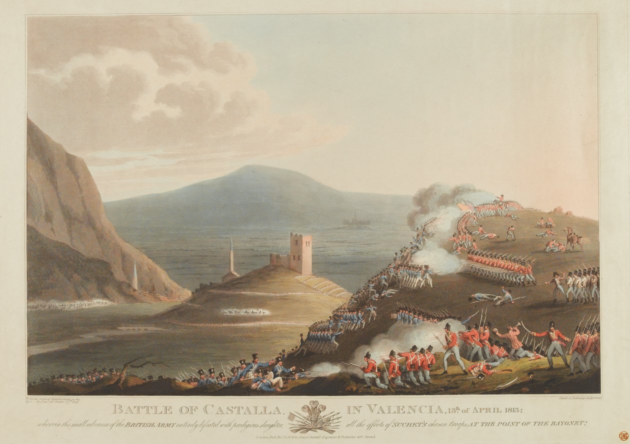 Slaget ved Castalla i Valencia, 13. april 1813, graveret af Dubourg, 1814 (farvet akvaratint) af John Heaviside Clark