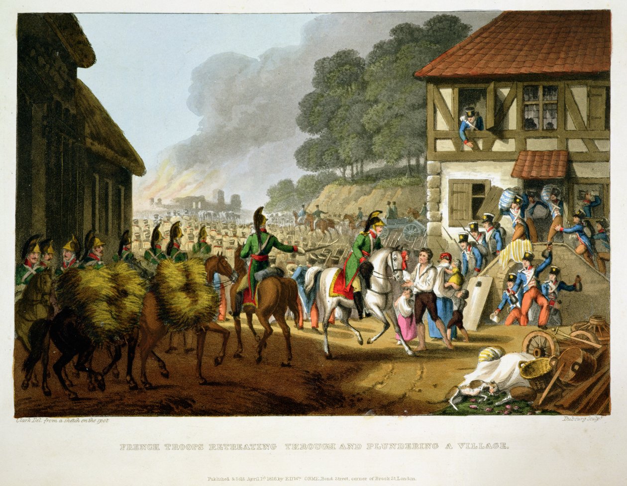 Franske tropper på tilbagetog gennem og plyndring af en landsby, graveret af Matthew Dubourg (fl.1813-20) fra "Historic, Military and Naval Anecdotes", udgivet af Edward Orme (1774-c.1820) 1816 (akvaratint) af John Heaviside Clark