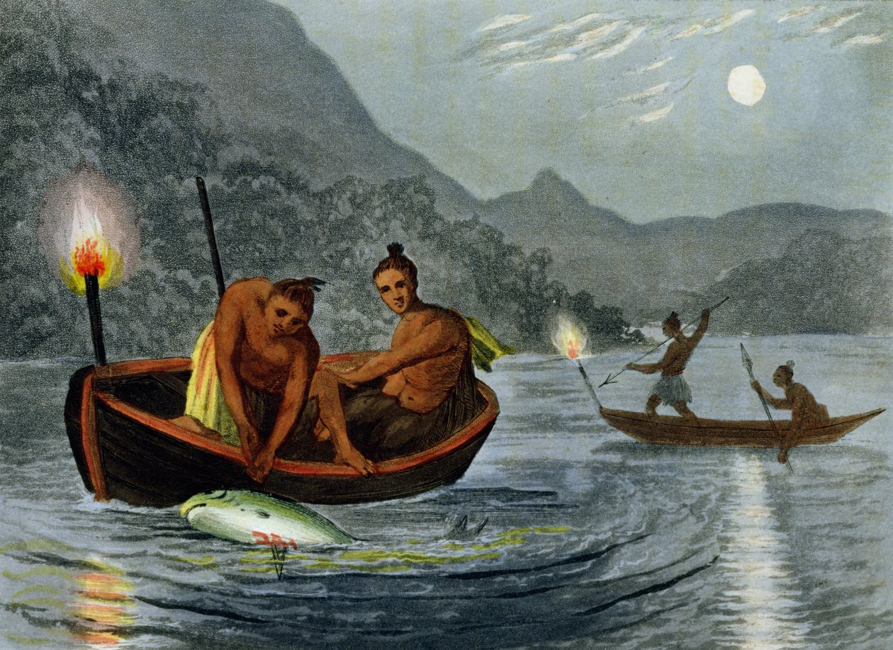 Torch Light Fishing in North America, graveret af H. Merke (fl.c.1800-20), udgivet af Edward Orme, 1813 af John Heaviside Clark