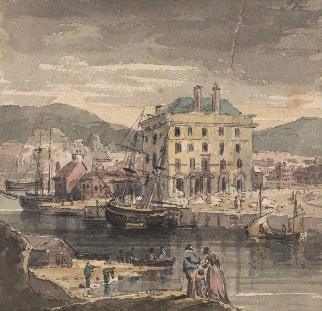 Weymouth: med figurer, forsendelse og udsigt til (?) Custom House af John Henderson