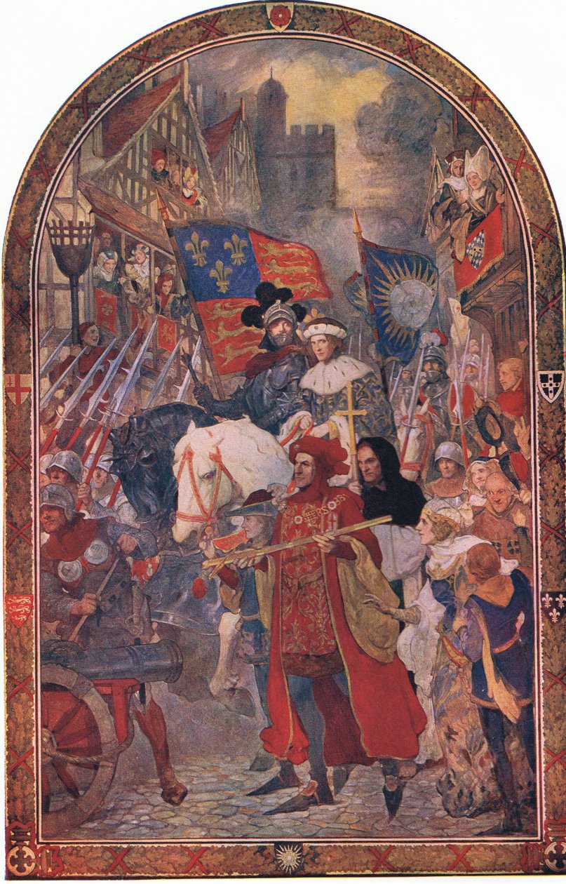 Henrik VI. Battle of Barnet 1471: De trænede bands marcherer til støtte fra Edward IV, fra Cassells History of the British People udgivet af Waverley Book Company Limited, ca. 1940 (farve lith af John Henry Amshewitz