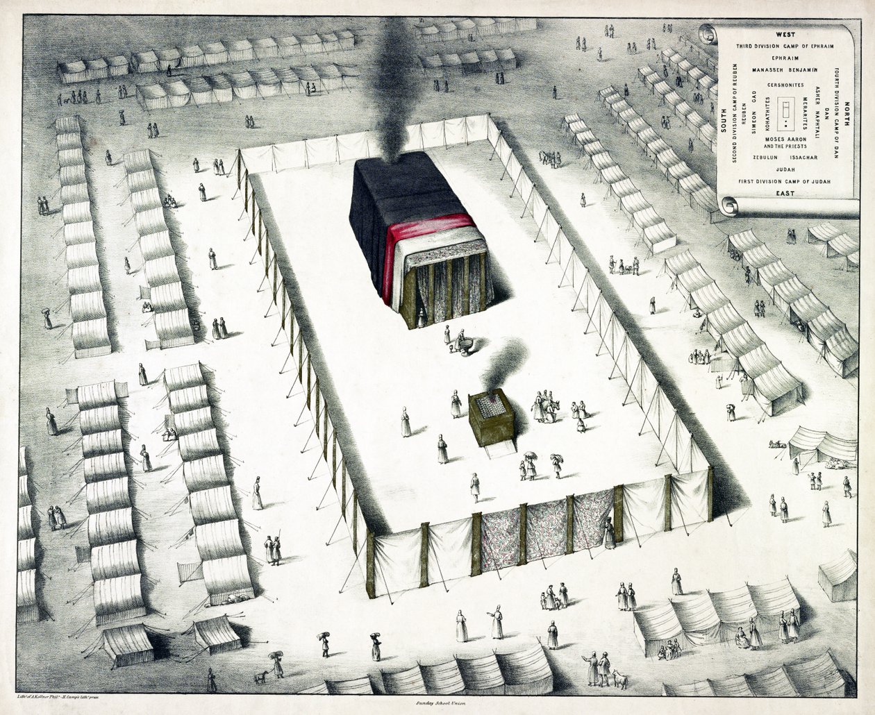 The Tabernacle in the Wilderness, and plan of the encampment, udgivet 1850 (farvelitografi) af John Henry Camp