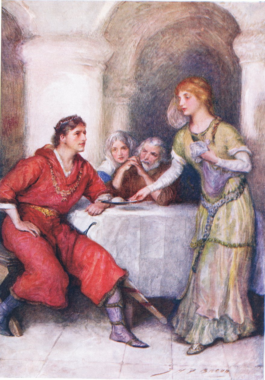 Enid Waits Upon Geraint, illustration til Childrens Stories fra Tennyson af Nora Chesson af John Henry Frederick Bacon
