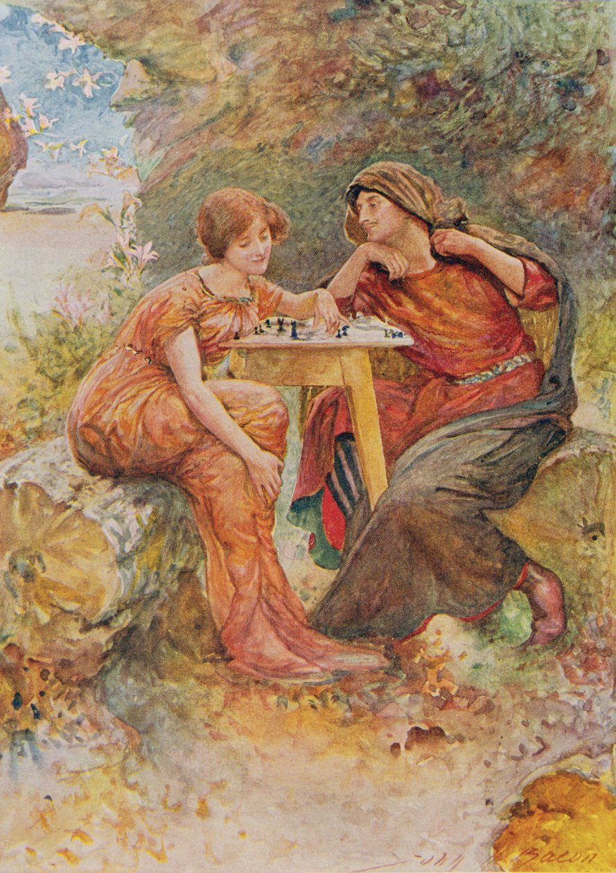 Ferdinand og Miranda i The Tempest fra Childrens Stories fra Shakespeare af Edith Nesbit (1858-1924) pub. af Raphael Tuck & Sons Ltd., London (bogillustration) af John Henry Frederick Bacon
