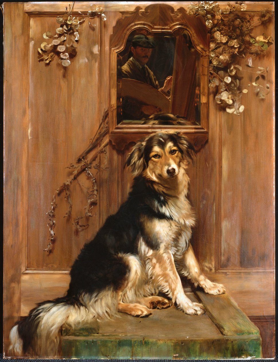 En hund og et spejl (olie på lærred) af John Henry Lorimer
