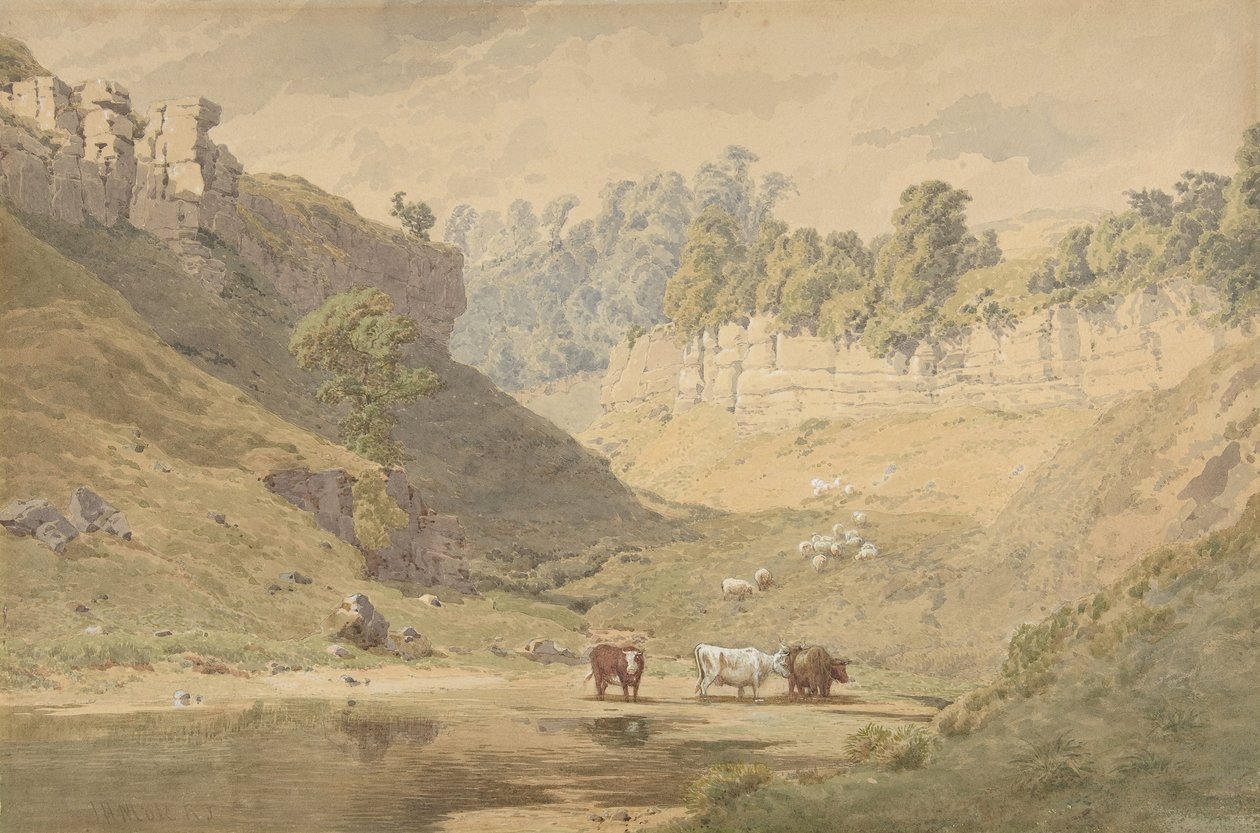 Kvæg ved et vandhul i en dal, 1830-86. af John Henry Mole