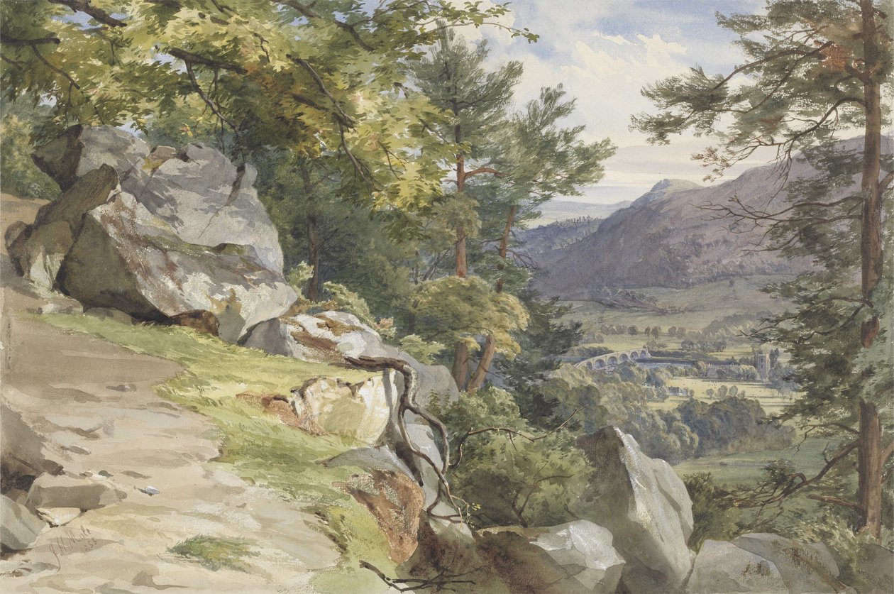 Udsigt over Craig-y-Barns, Dunkeld, Looking South, 1855 (wc og kropsfarve på papir) af John Henry Mole