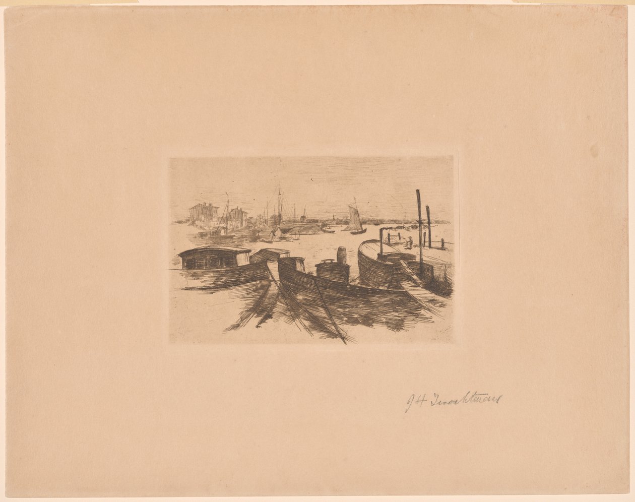 Havn med pramme af John Henry Twachtman
