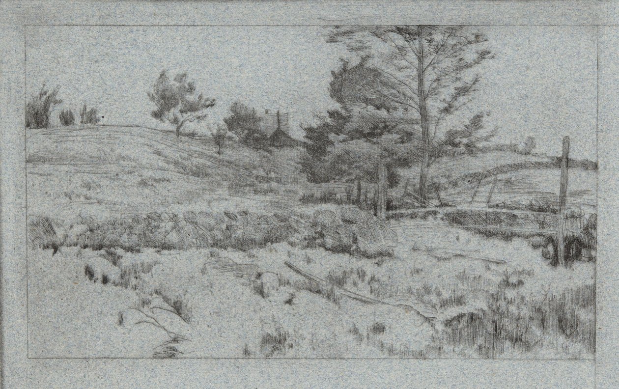 Landskab med stenmur (skitse af marker) af John Henry Twachtman