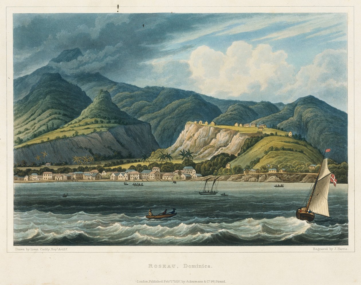 Byen Roseau, Dominique (Caraibes). Litografi (32,2x46,6 cm) af løjtnant John Herbert Caddy (1801-1883) af John Herbert Caddy