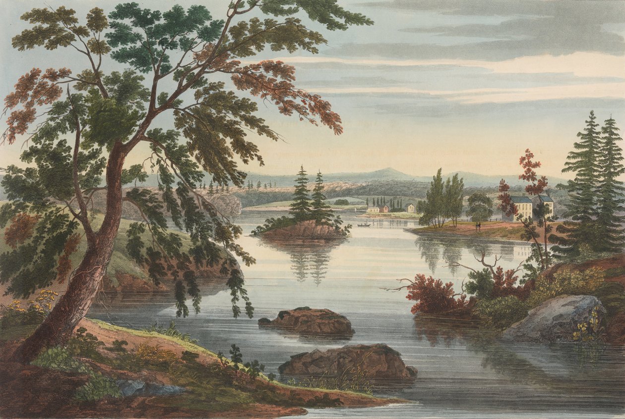Udsigt nær Fort Miller nr. 10 blev senere ændret til nr. 9 i Hudson River Portfolio, 1822. af John Hill