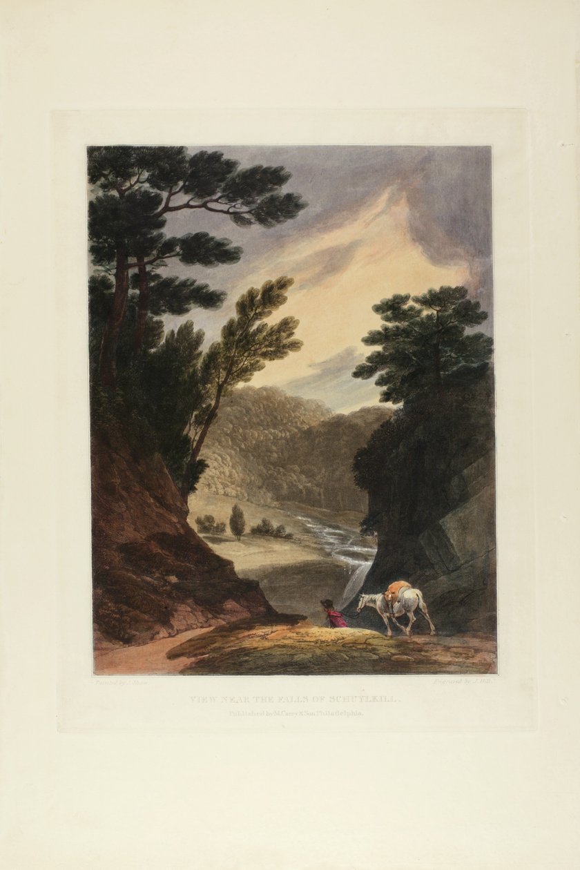 Udsigt nær Schuylkill Falls, Pennsylvania, plade fem af det første antal maleriske udsigter over amerikansk sceneri, 1819-21 af John Hill