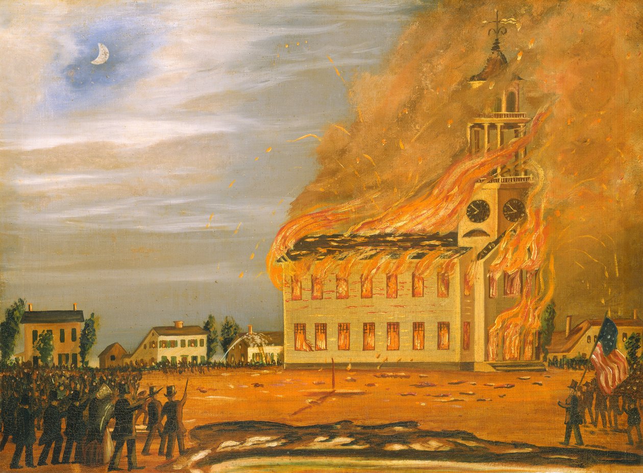 Afbrænding af Old South Church, Bath, Maine, ca. 1854. af John Hilling