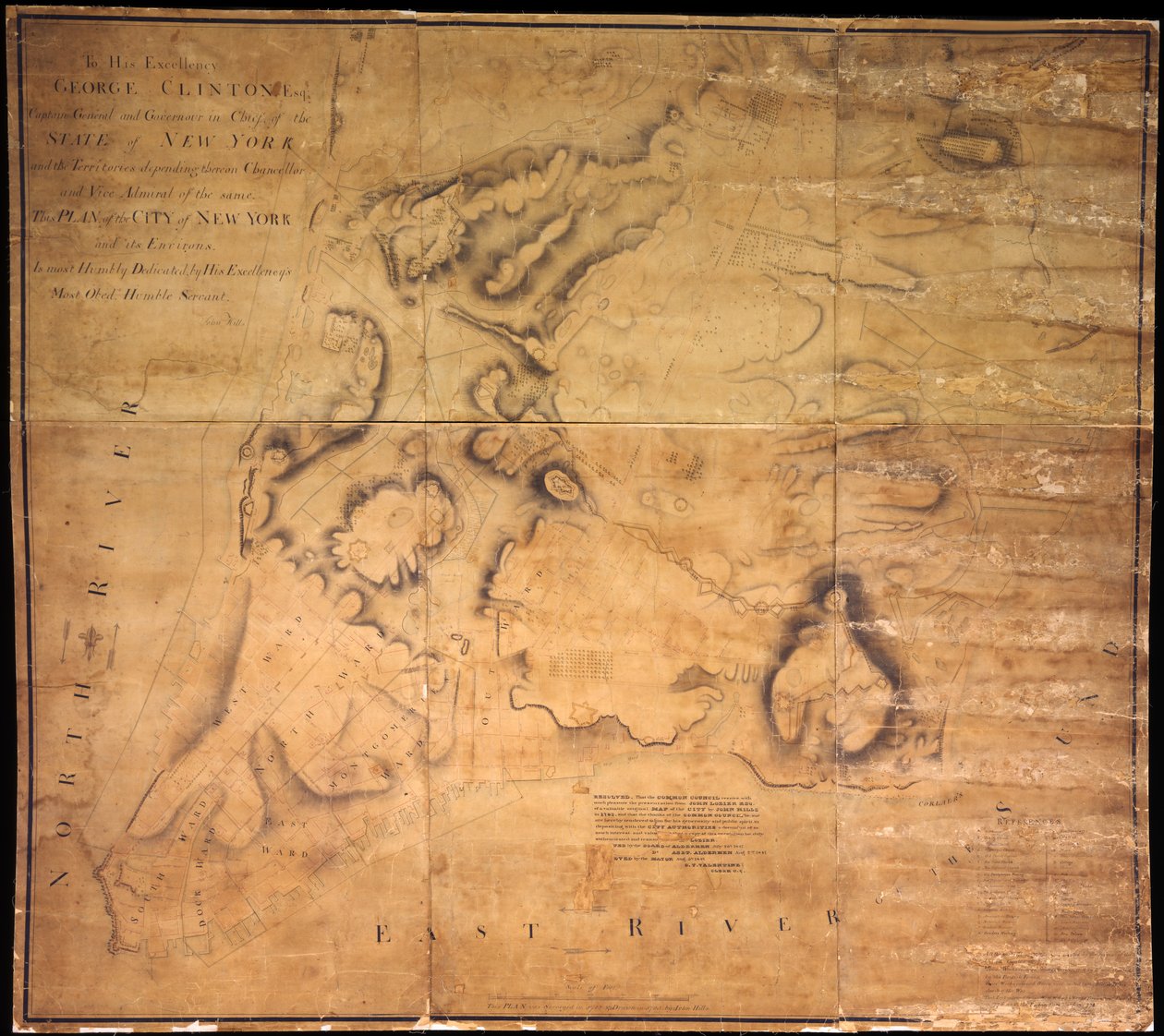 Til hans excellence George Clinton, Esq. . . .Denne plan for byen New York og dens omegn. . ., 1785 (sort og farvet blæk, sort blyant og farvevask på papir bakket med klud) af John Hills