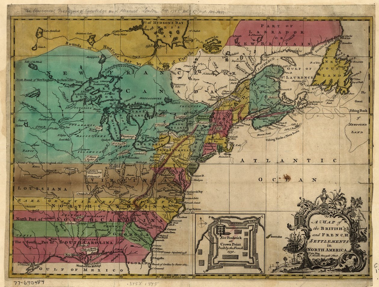 Et kort over de britiske og franske bosættelser i Nordamerika. LOC 77690484 af John Hinton