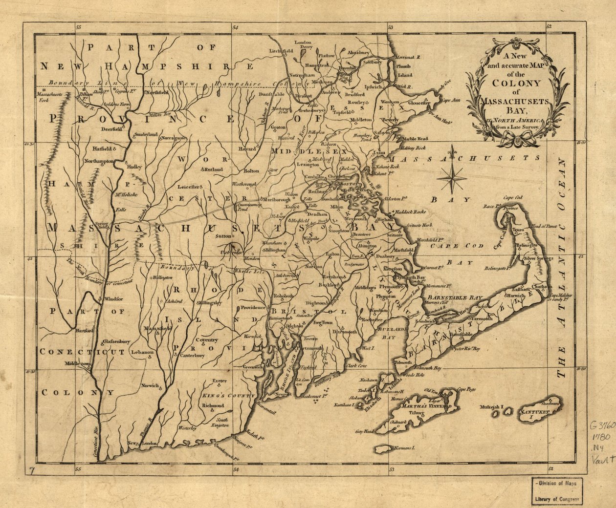 Et nyt og nøjagtigt kort over kolonien Massachusetts Bay i Nordamerika fra en sen opmåling. LOC 2001620337 af John Hinton
