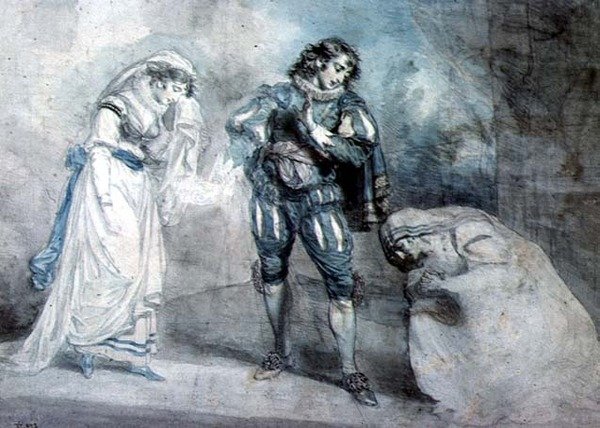Pierre du Terrail, Chevalier de Bayard (1476- 1524) med enken og hendes datter af John Hodges Benwell