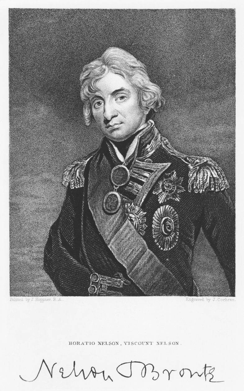 Portræt af admiral Horatio Nelson med hans signatur, indgraveret af John Cochran (fl.1821-65) af John Hoppner