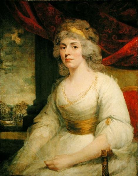 Portræt af Mrs. Billington siddende, trekvart længde i en hvid kjole (olie på lærred) af John Hoppner
