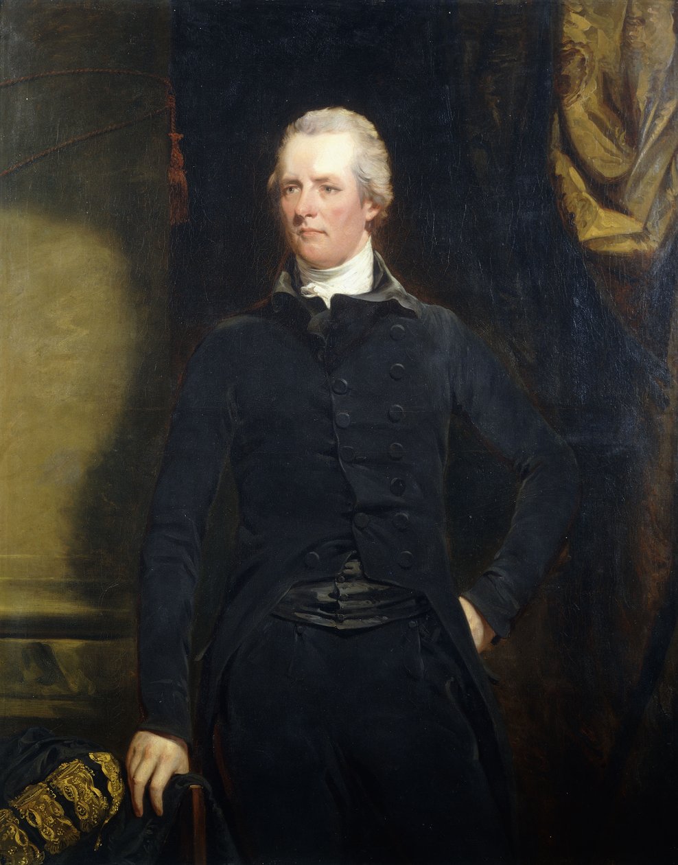 Portræt af William Pitt, stående trekvart i en mørk jakke og ridebukser, af John Hoppner