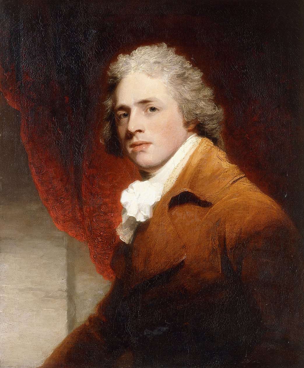 Portræt af en gentleman, halvlængde, i et brunt og hvidt lager, et rødt gardin bagved, af John Hoppner