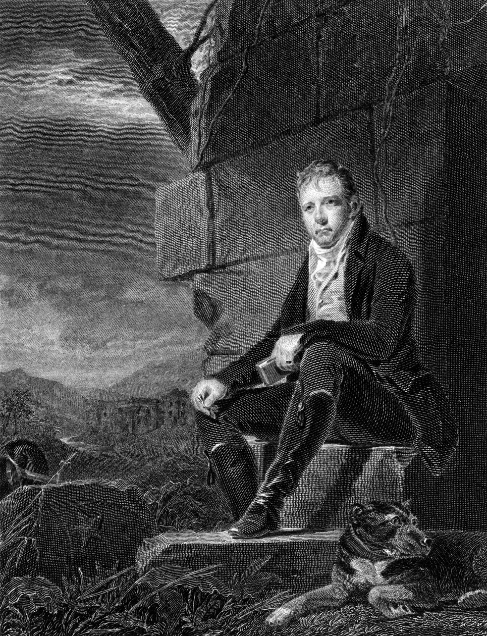 Walter Scott, skotsk digter og romanforfatter, siddende på en sten, ledsaget af en hund, 1808 af John Horsburgh