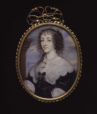 No.3862 Dronning Henrietta Maria, kone til kong Charles I, ca. 1640 (vellum på spillekort) af John Hoskins
