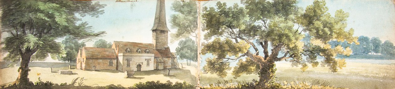 Den gamle Eltham-kirke og et egetræ, Kent (akvarel) af John Inigo Richards