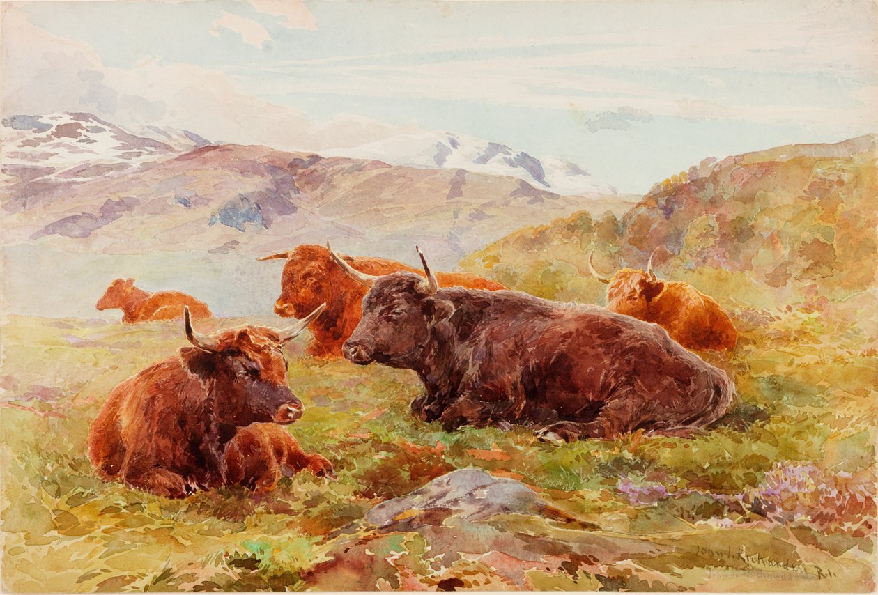 Højlandslandskab med kvæg af John Isaac Richardson