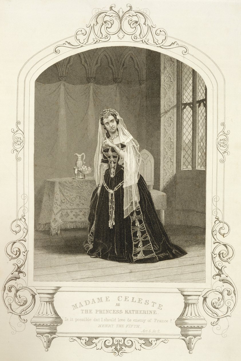 Madame Celeste som prinsesse Katherine, Akt V, scene 2 i "Henry V", fra et daguerreotypi, graveret af George Hollis (1792-1842), udgivet af John Tallis und Co. af John Jabez Edwin Paisley Mayall