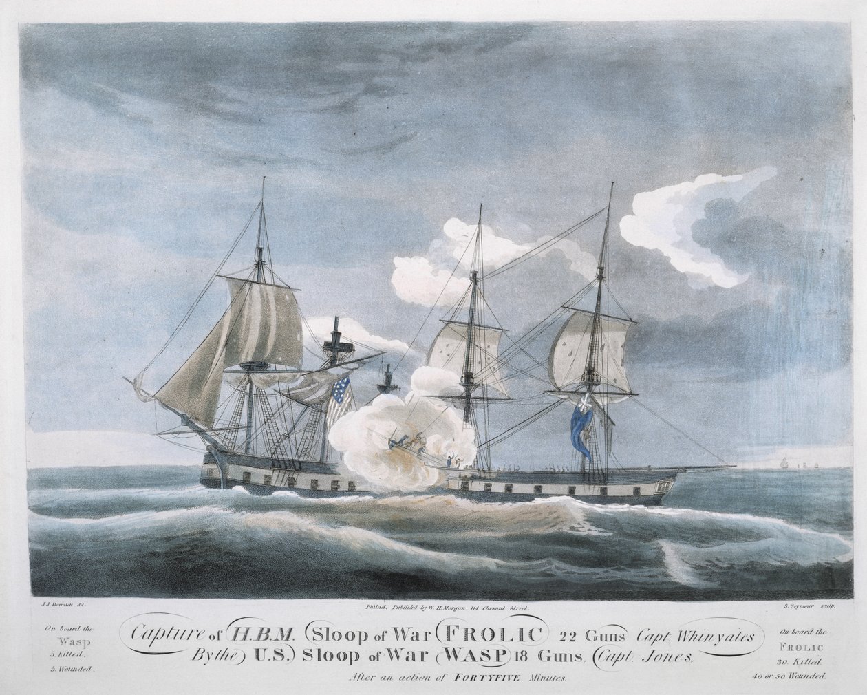 Fangst af H.B.M. Sloop of War FROLIC, 22 kanoner, Capt. Whinyates af US Sloop of War WASP af John James (after) Barralet