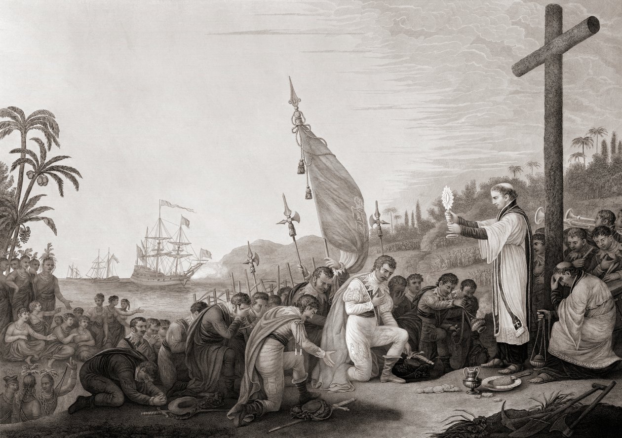 Columbus lander i den nye verden (gravering) af John James (after) Barralet