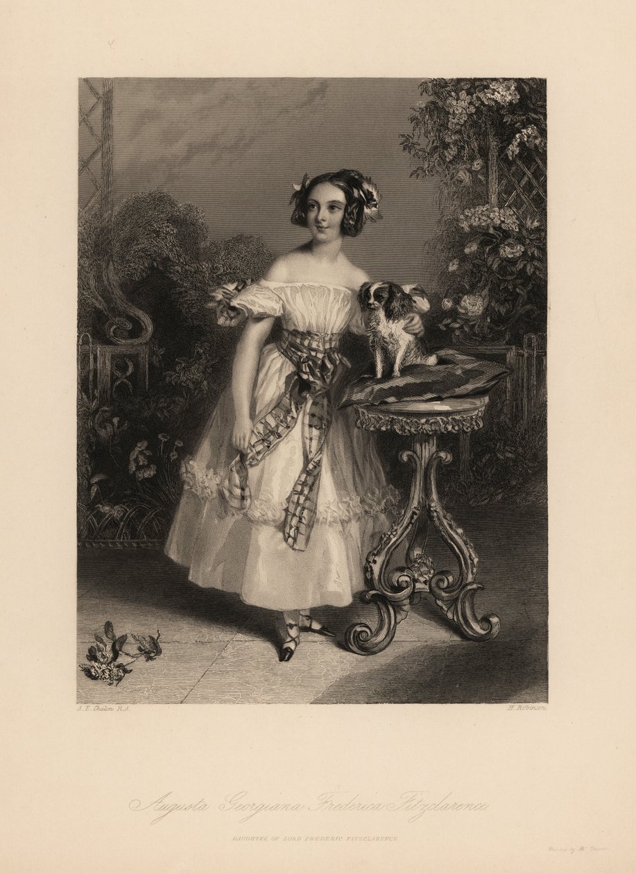 Augusta Georgina Frederica Fitzclarence, datter af Lord Frederic Fitzclarence, uægte søn af kong William IV. Hun bærer sit hår i ringlets og bånd, og bærer en off-the-shoulder kjole bundet med et skærv, holder en King Charles spaniel på en pude af John James (after) Chalon