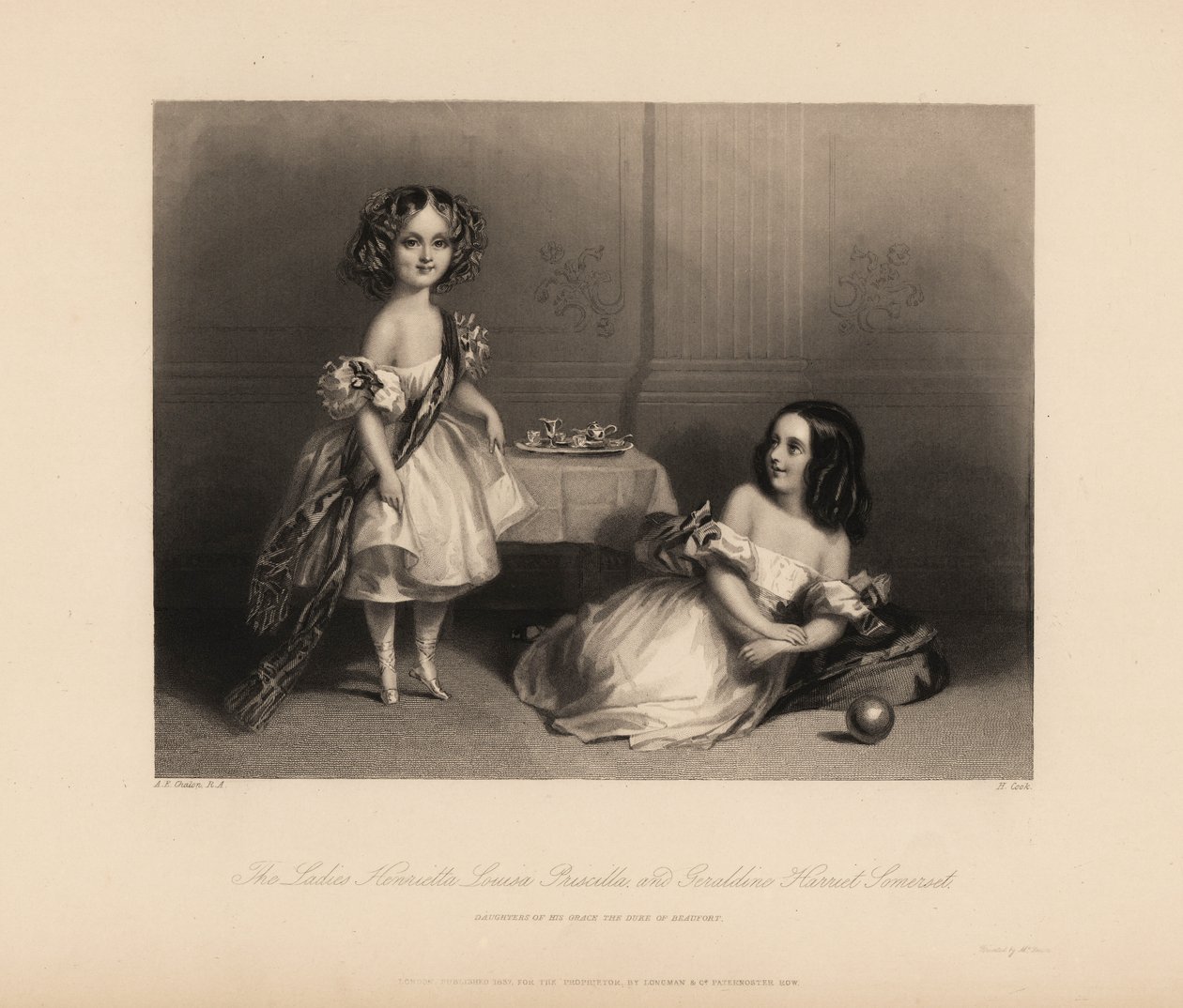 Henrietta Louisa Priscilla og Geraldine Harriet Somerset, døtre af Henry Somerset, 7. hertug af Beaufort. To piger i off-the-shoulder kjoler med bånd, hår i ringlets, leger med et legetøj tesæt og bold. Stålstik af H. Cook efter en ill af John James (after) Chalon