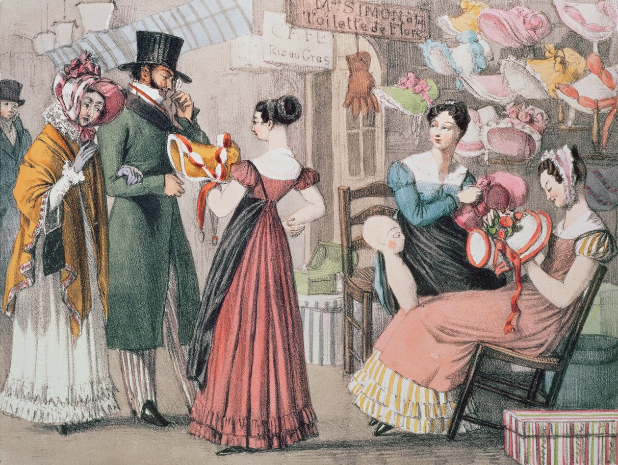 At the Milliners (La Marchande de Modes), trykt af Charles Joseph Hullmandel (1789-1850), pub. af Rodwell og Martin, 1822 af John James Chalon