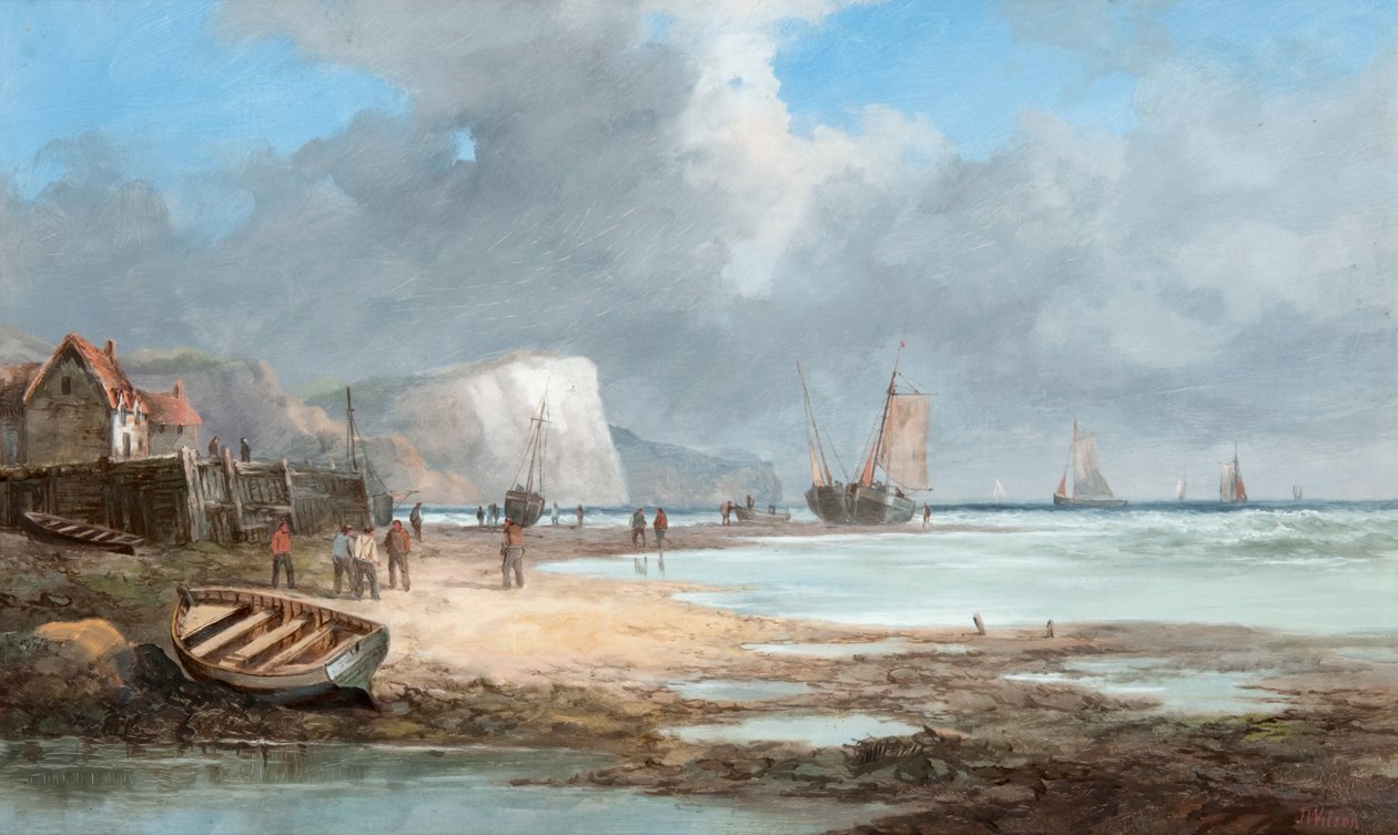 Havlandskab med fiskerbåde og et hus af John James Wilson