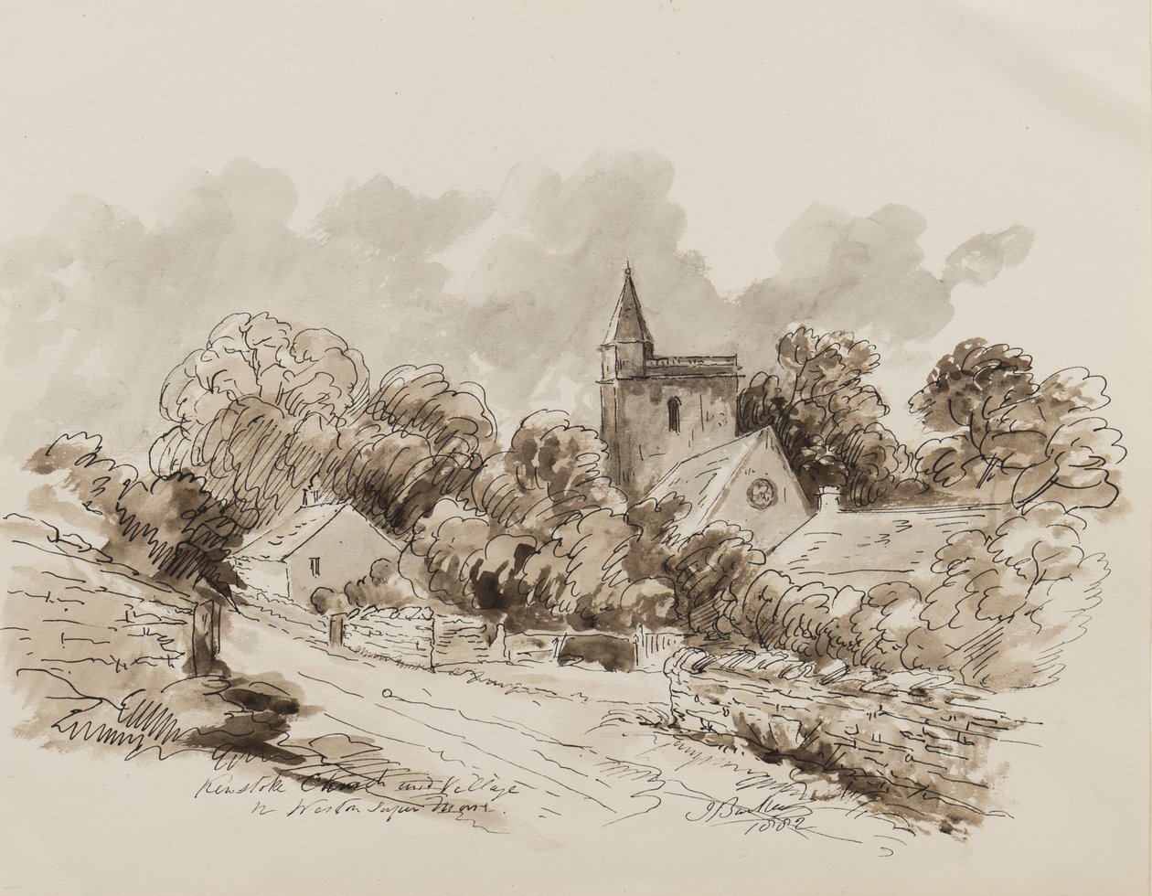 Kewstoke Church and Village, Weston Super Mare, Somerset, 1882 (pen, pensel og blæk på papir) af John Joseph Barker