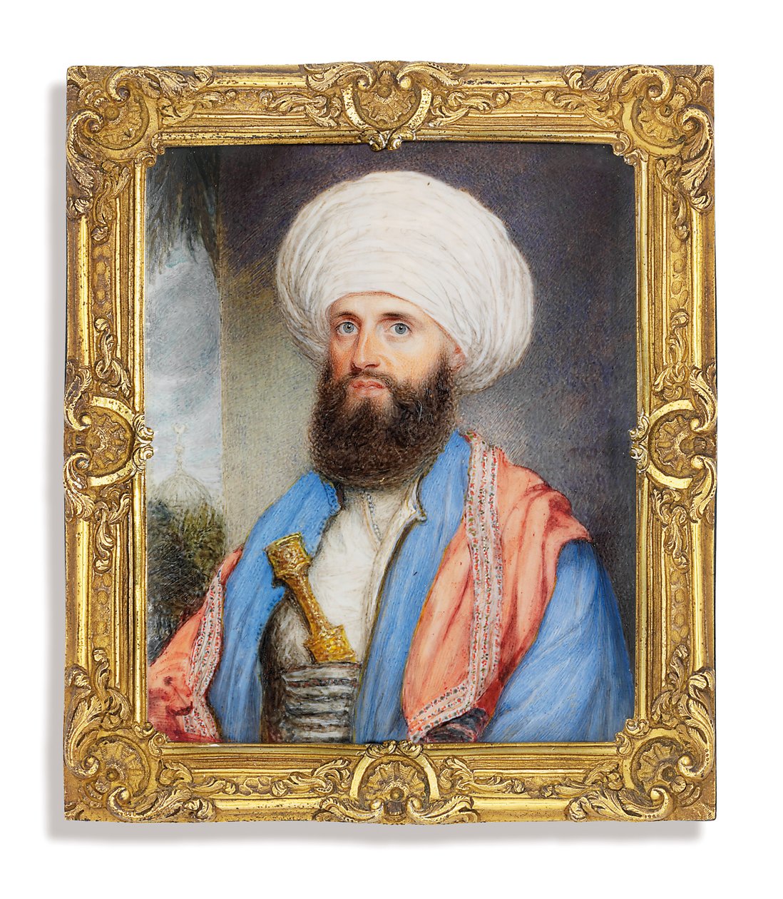James Silk Buckingham (1786-1855), i hvid skjorte med en lyseblå frakke, lyserødt broderet sjal om skuldrene og en hvid turban med en dolk fastgjort til hans cummerbund, landskabsbaggrund med en moske af John Jukes