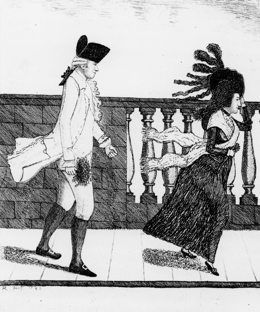 Dr. James Graham går langs Nordbroen i kraftig vind, 1785 af John Kay
