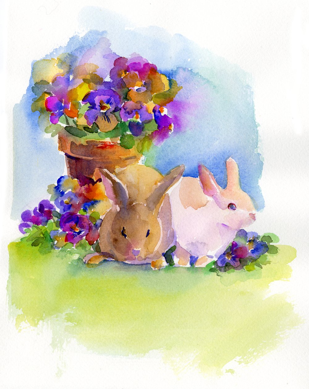 Kaniner med stedmoderblomster, 2014, (akvarel) af John Keeling