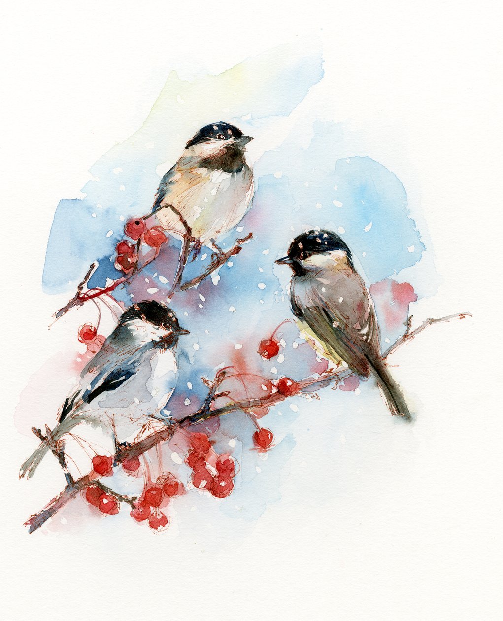 Chickadees with Berries, 2017, (akvarel) af John Keeling