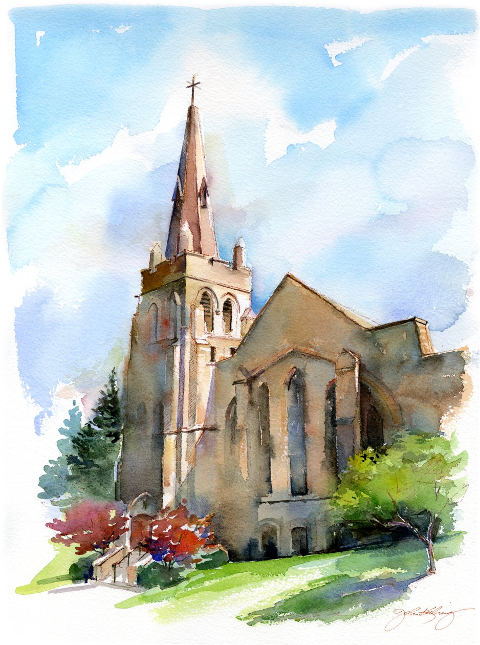 Kirke med tårn, 2016, (akvarel) af John Keeling