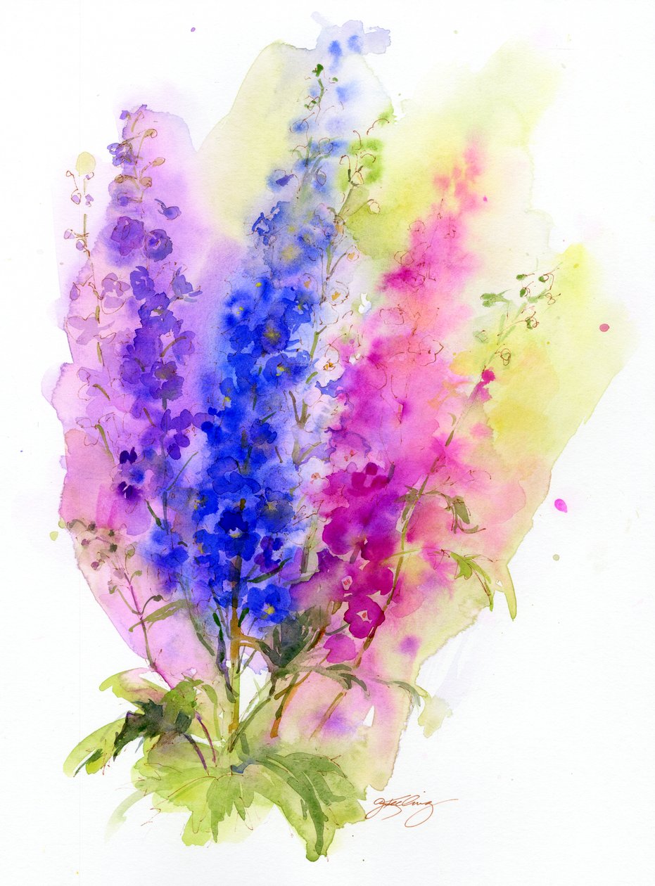 Delphinium, 2016, (akvarel) af John Keeling
