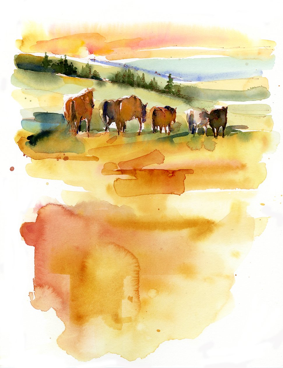 Horses at Sunset, 2015, (akvarel) af John Keeling