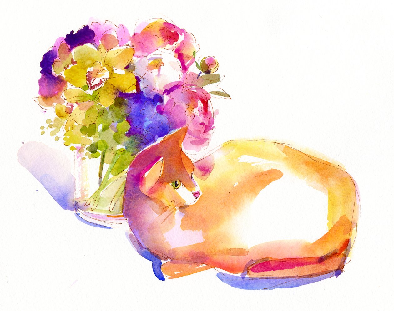 Orange kat med blomster, 2014, (akvarel) af John Keeling