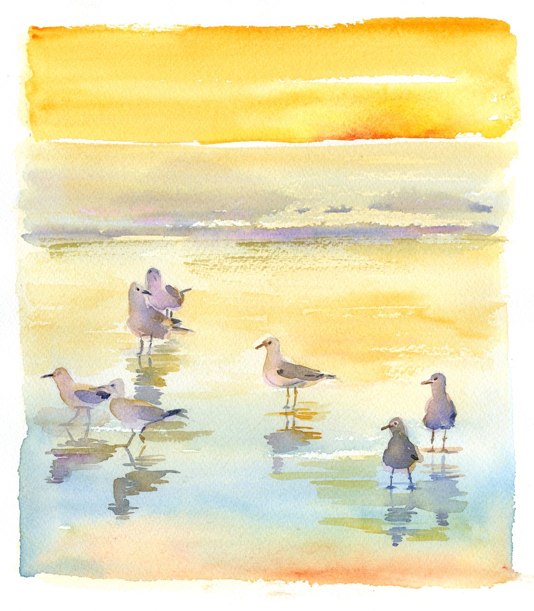 Måger på stranden, 2014, (akvarel) af John Keeling
