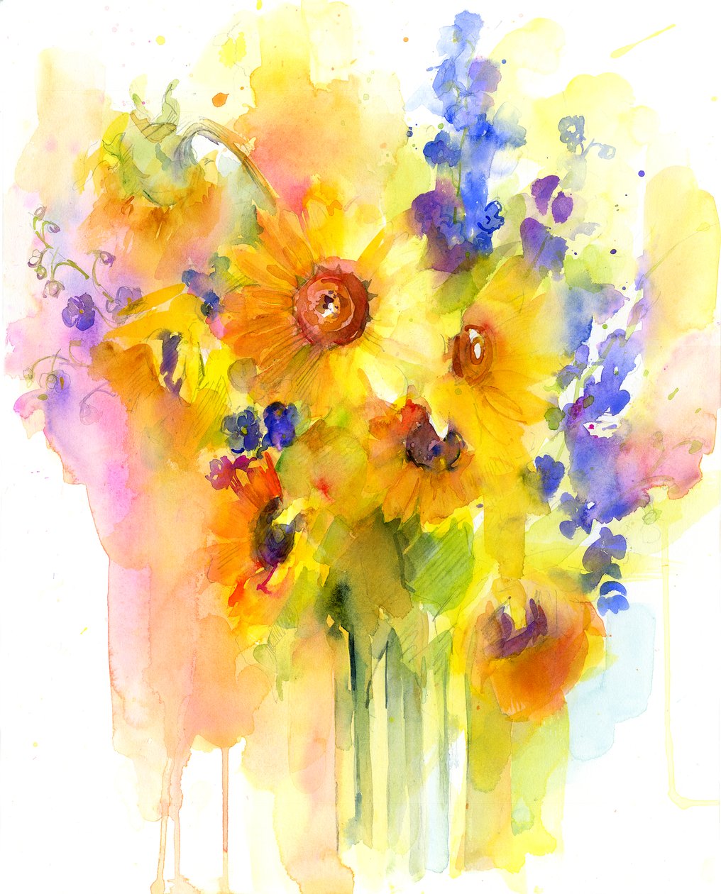 Solsikker og delphinium, 2016, (akvarel) af John Keeling
