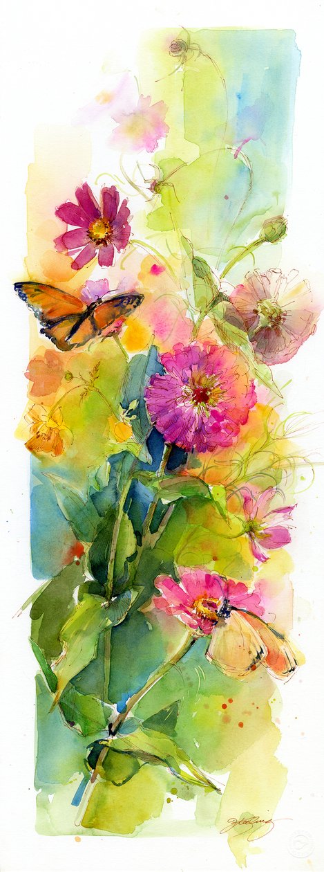 Zinniaer og sommerfugle, 2015, (akvarel) af John Keeling