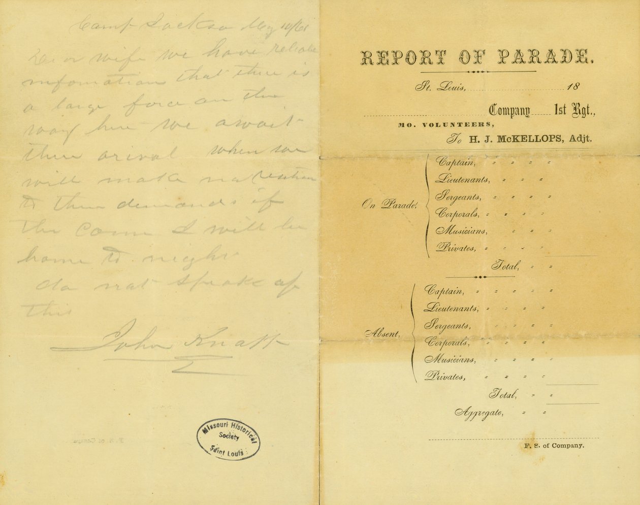 Brev fra John Knapp, Camp Jackson, til hans kone, 10. maj 1861 af John Knapp