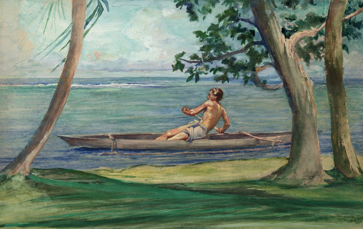 Dreng i kano passerer foran vores hus, Vaiala, Samoa af John La Farge